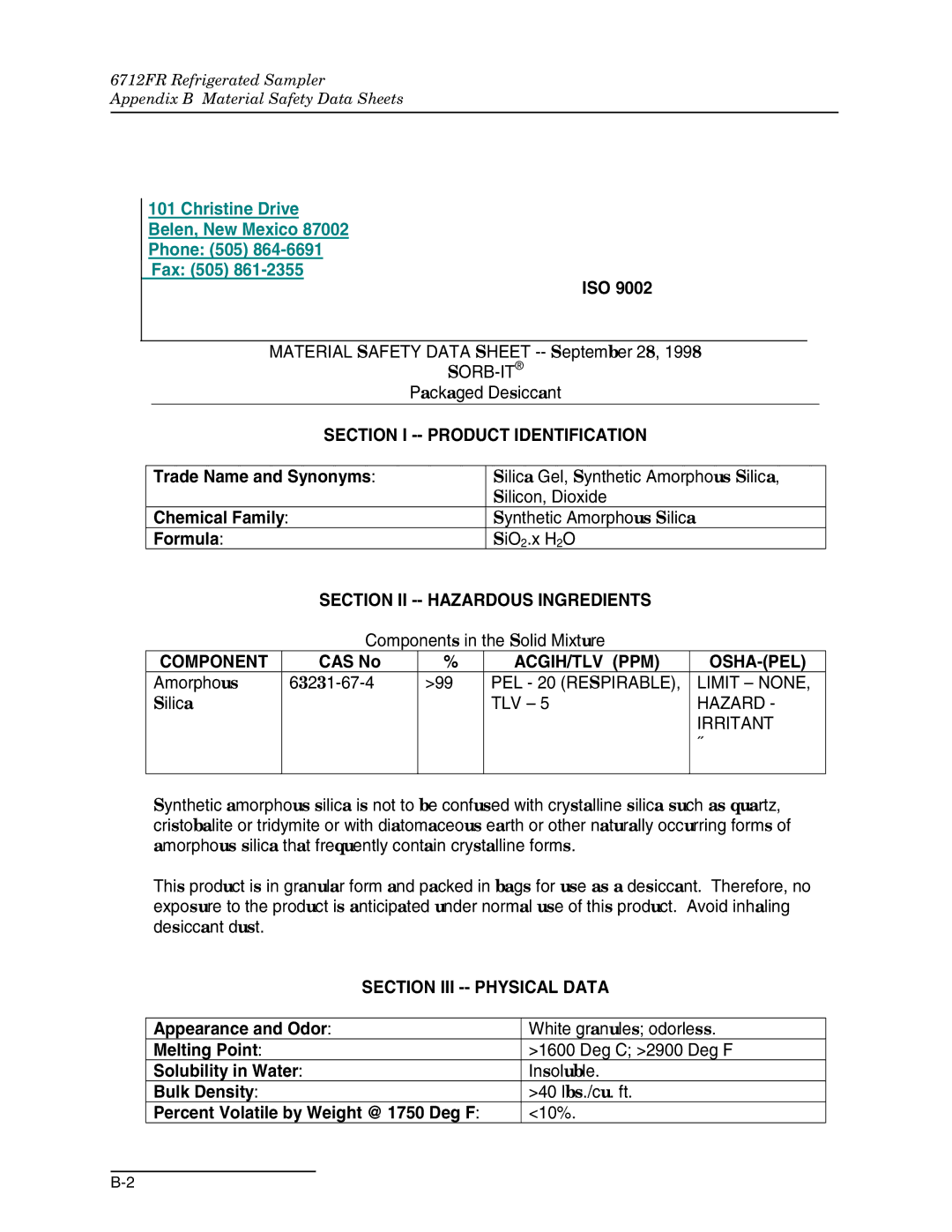 Teledyne 6712FR manual Section II -- Hazardous Ingredients 