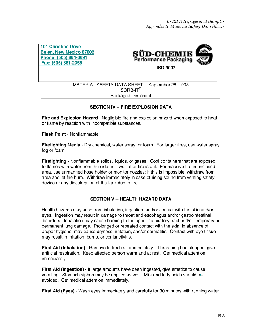 Teledyne 6712FR manual Section IV -- Fire Explosion Data 