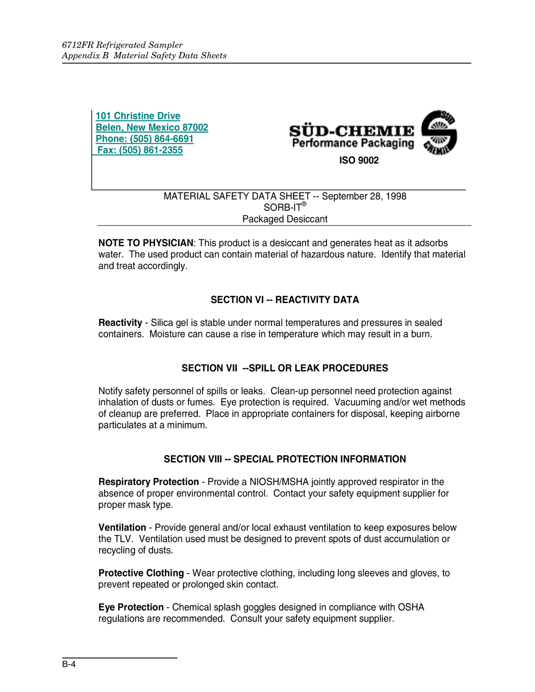 Teledyne 6712FR manual Section VI -- Reactivity Data 