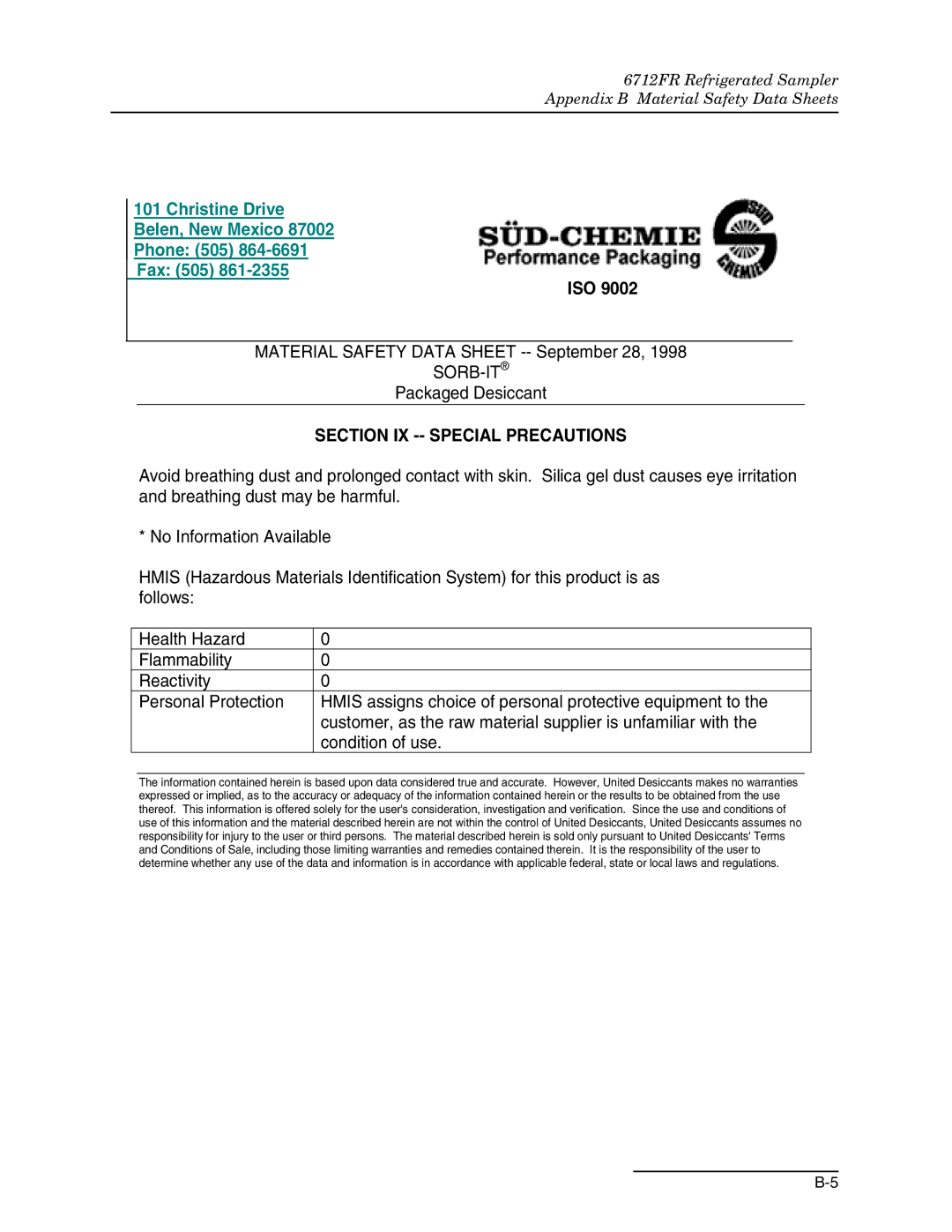 Teledyne 6712FR manual Section IX -- Special Precautions 