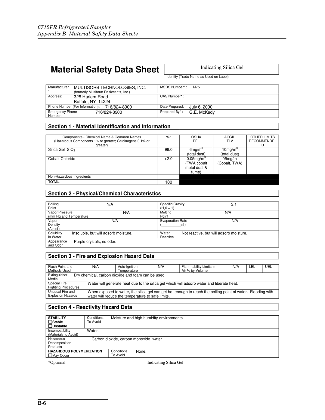 Teledyne 6712FR manual Material Safety Data Sheet 