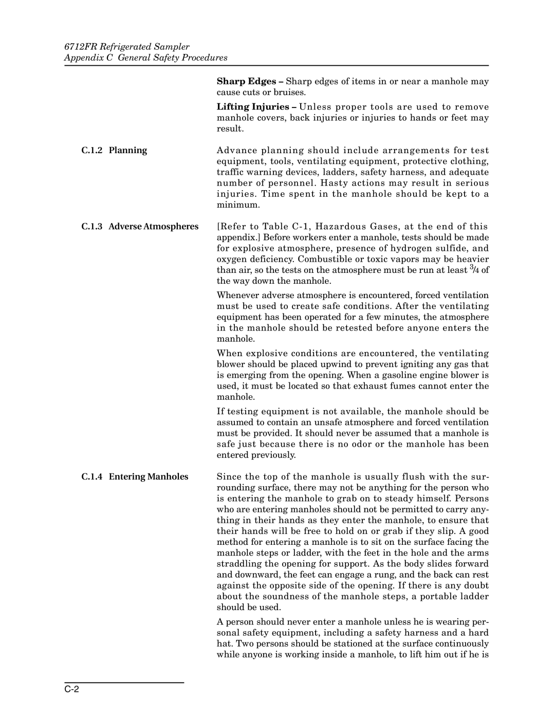 Teledyne 6712FR manual Planning, Adverse Atmospheres, Entering Manholes 