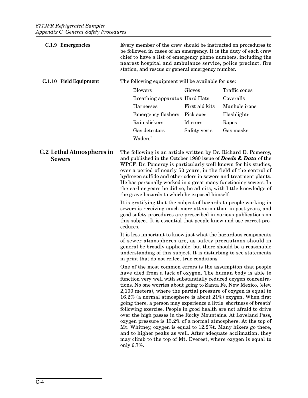 Teledyne 6712FR manual Lethal Atmospheres in Sewers, Emergencies, Field Equipment 