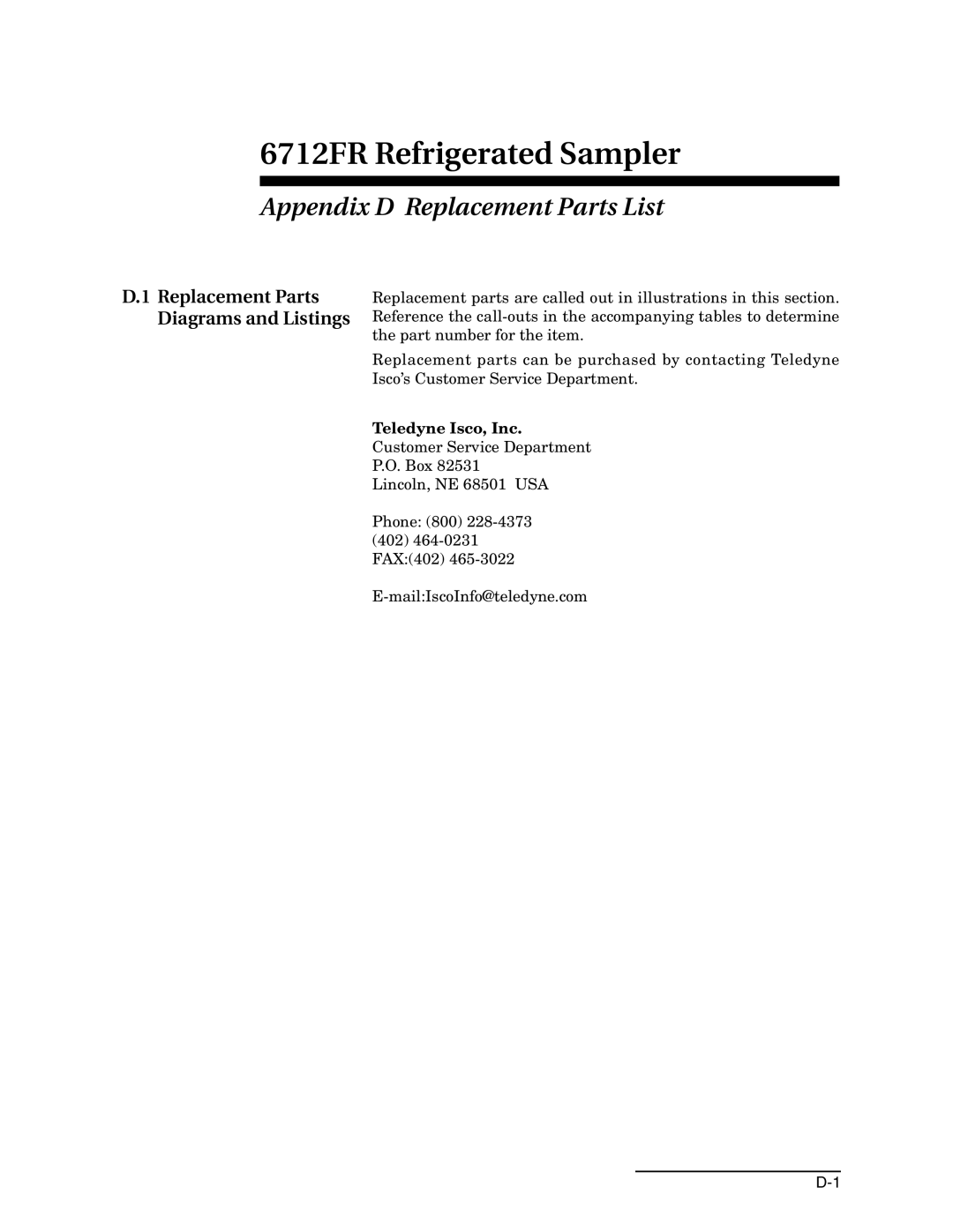 Teledyne 6712FR manual Appendix D Replacement Parts List, Replacement Parts Diagrams and Listings, Teledyne Isco, Inc 