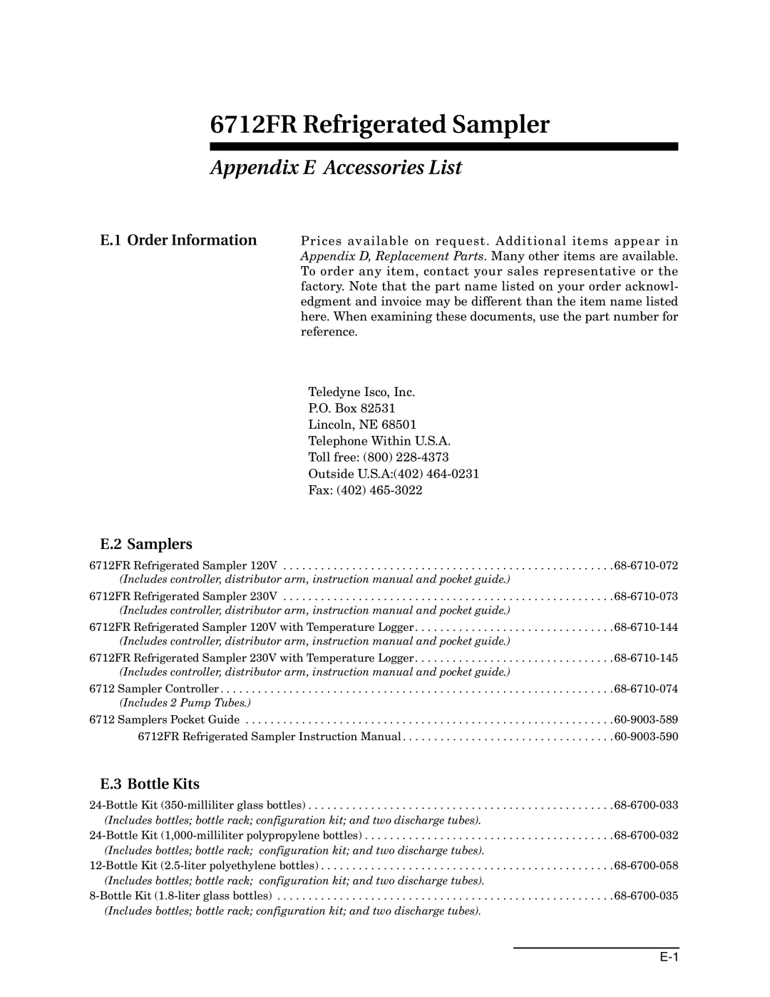 Teledyne 6712FR manual Appendix E Accessories List, Order Information Samplers, Bottle Kits 