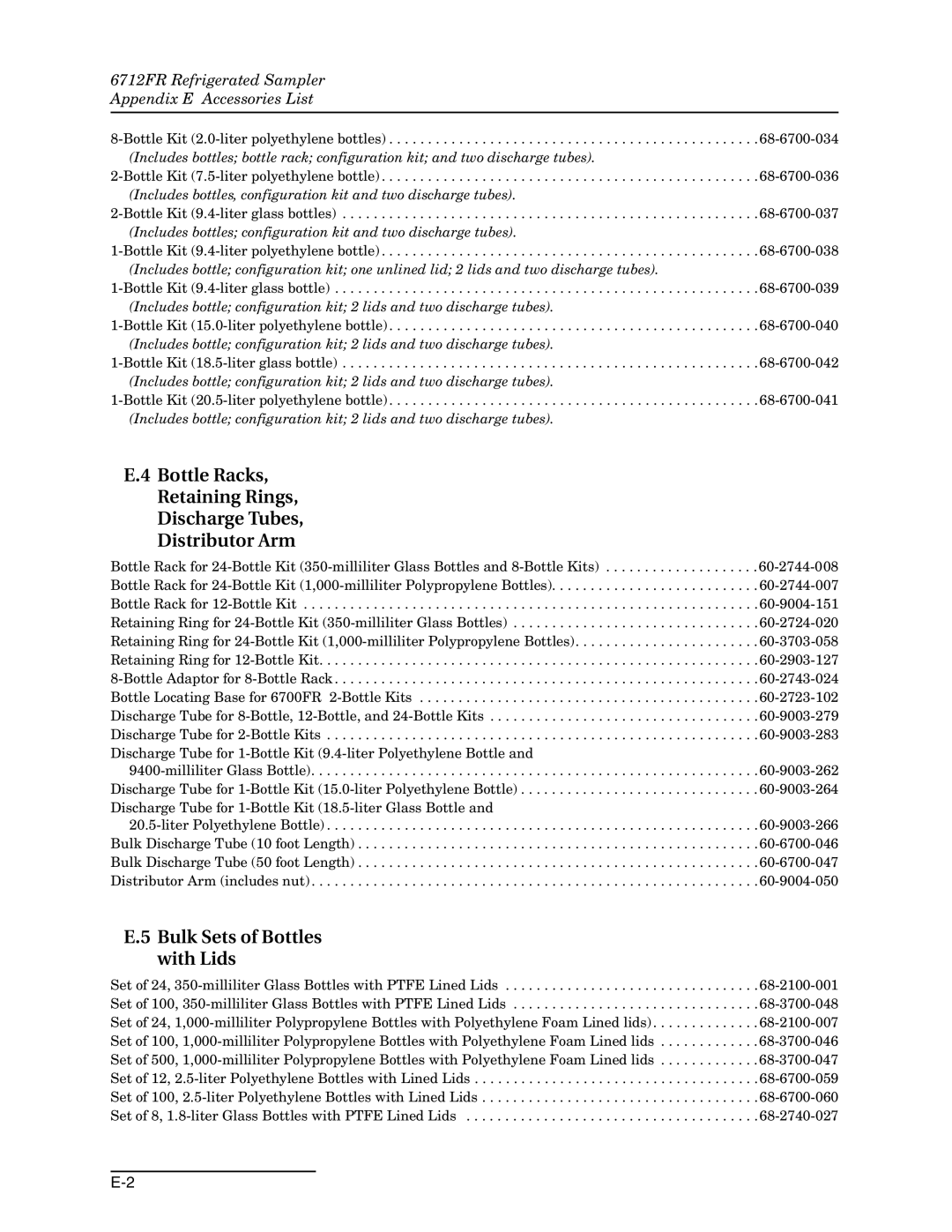 Teledyne manual Bulk Sets of Bottles with Lids, 6712FR Refrigerated Sampler Appendix E Accessories List 