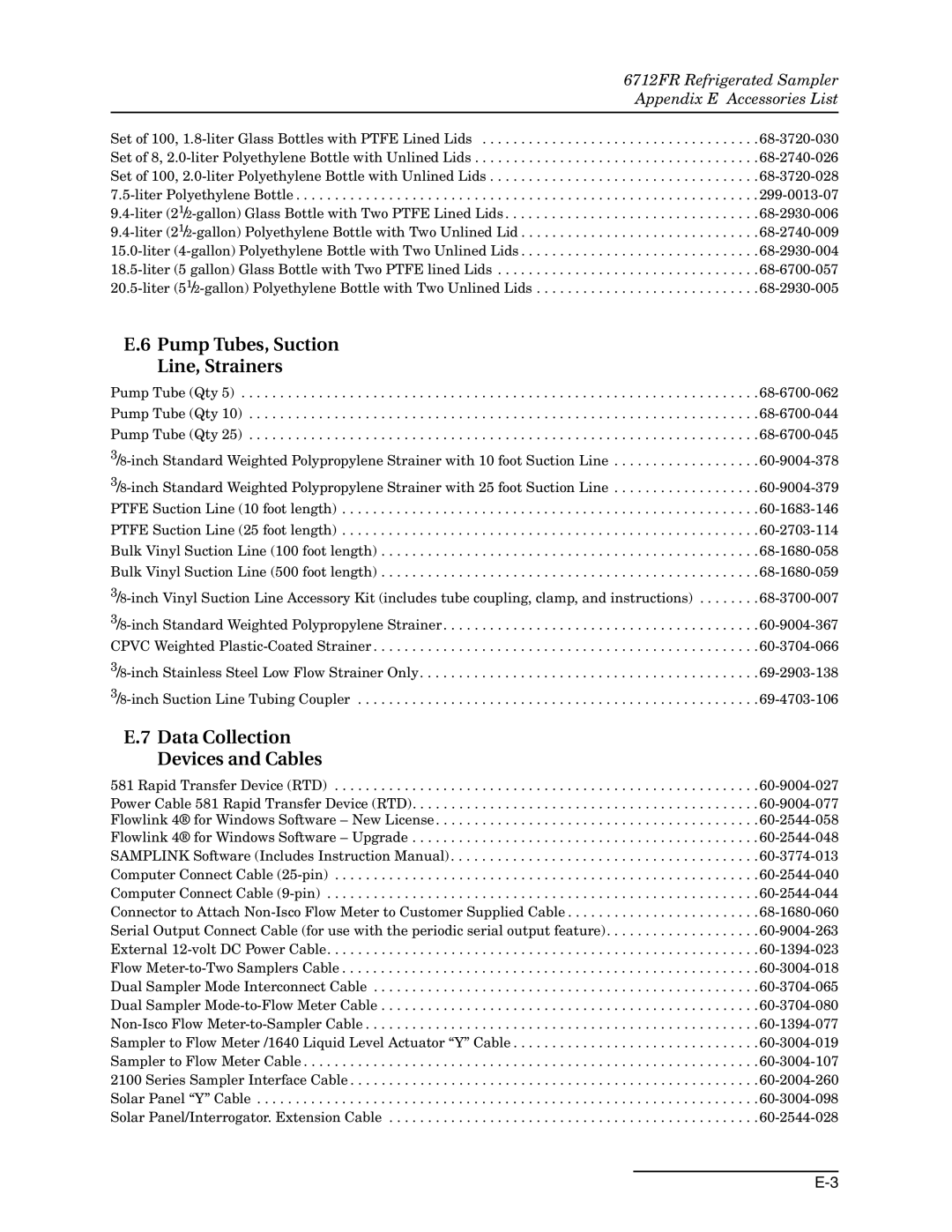 Teledyne 6712FR manual Pump Tubes, Suction Line, Strainers, Data Collection Devices and Cables 