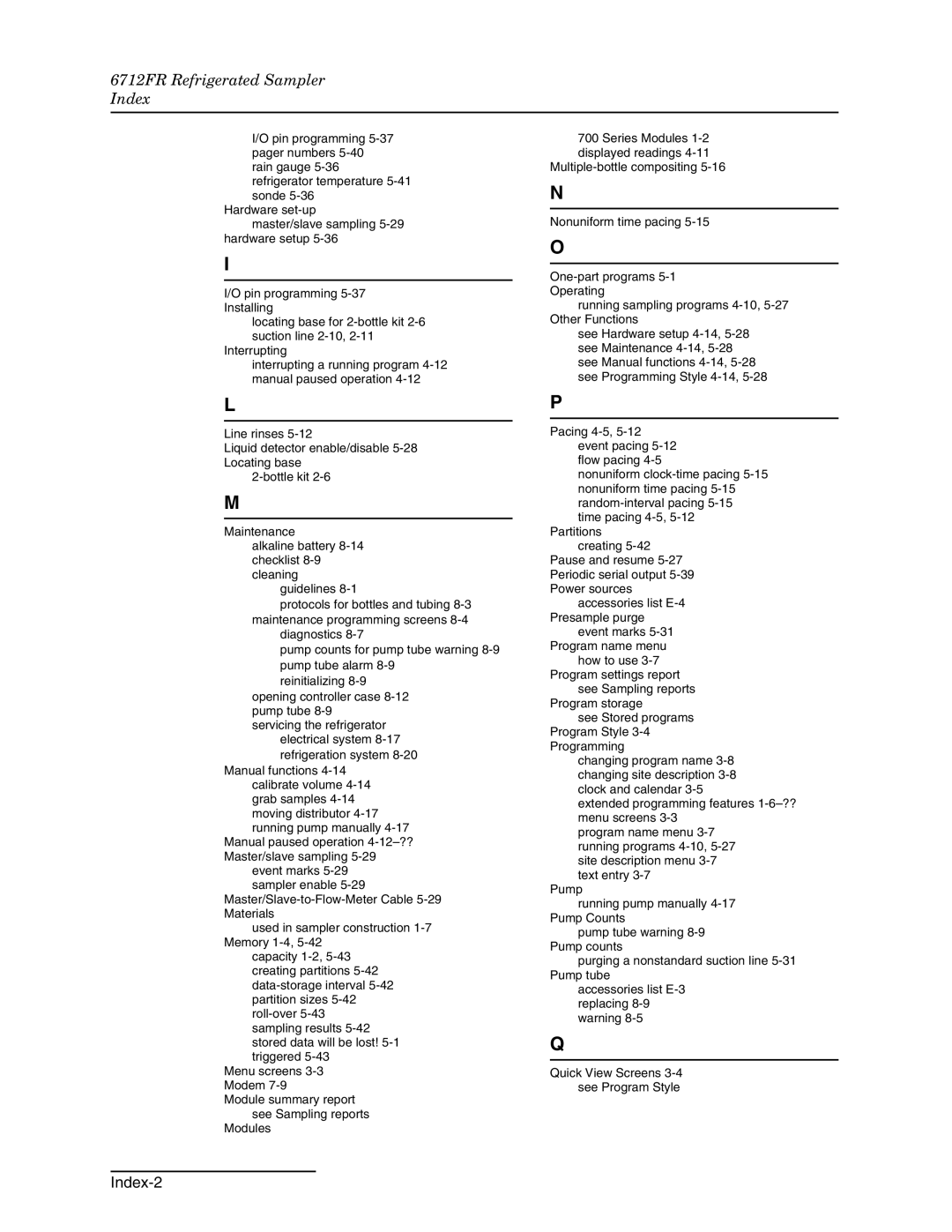 Teledyne manual 6712FR Refrigerated Sampler Index, Index-2 