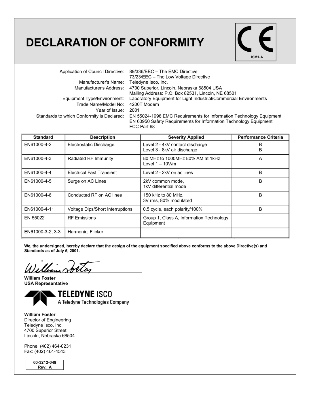 Teledyne 6712FR manual Declaration of Conformity 