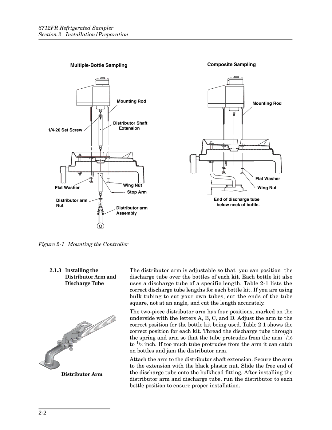 Teledyne manual 6712FR Refrigerated Sampler Installation/Preparation, Distributor Arm, Discharge Tube 