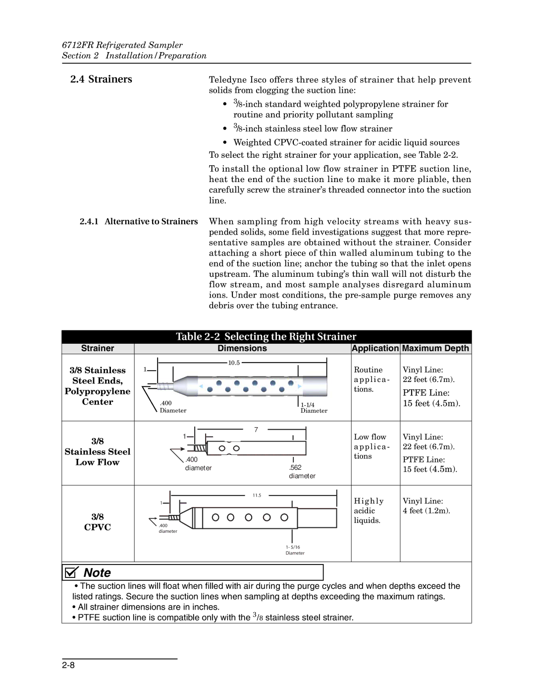 Teledyne 6712FR manual Strainers, Selecting the Right Strainer, Strainer Dimensions Application Maximum Depth 