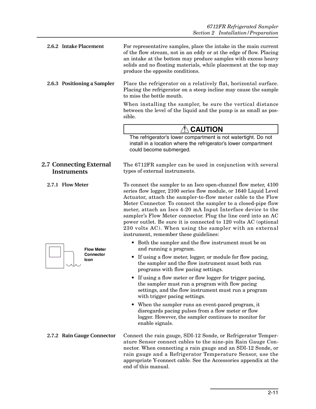 Teledyne 6712FR Connecting External Instruments, Intake Placement Positioning a Sampler, Flow Meter, Rain Gauge Connector 