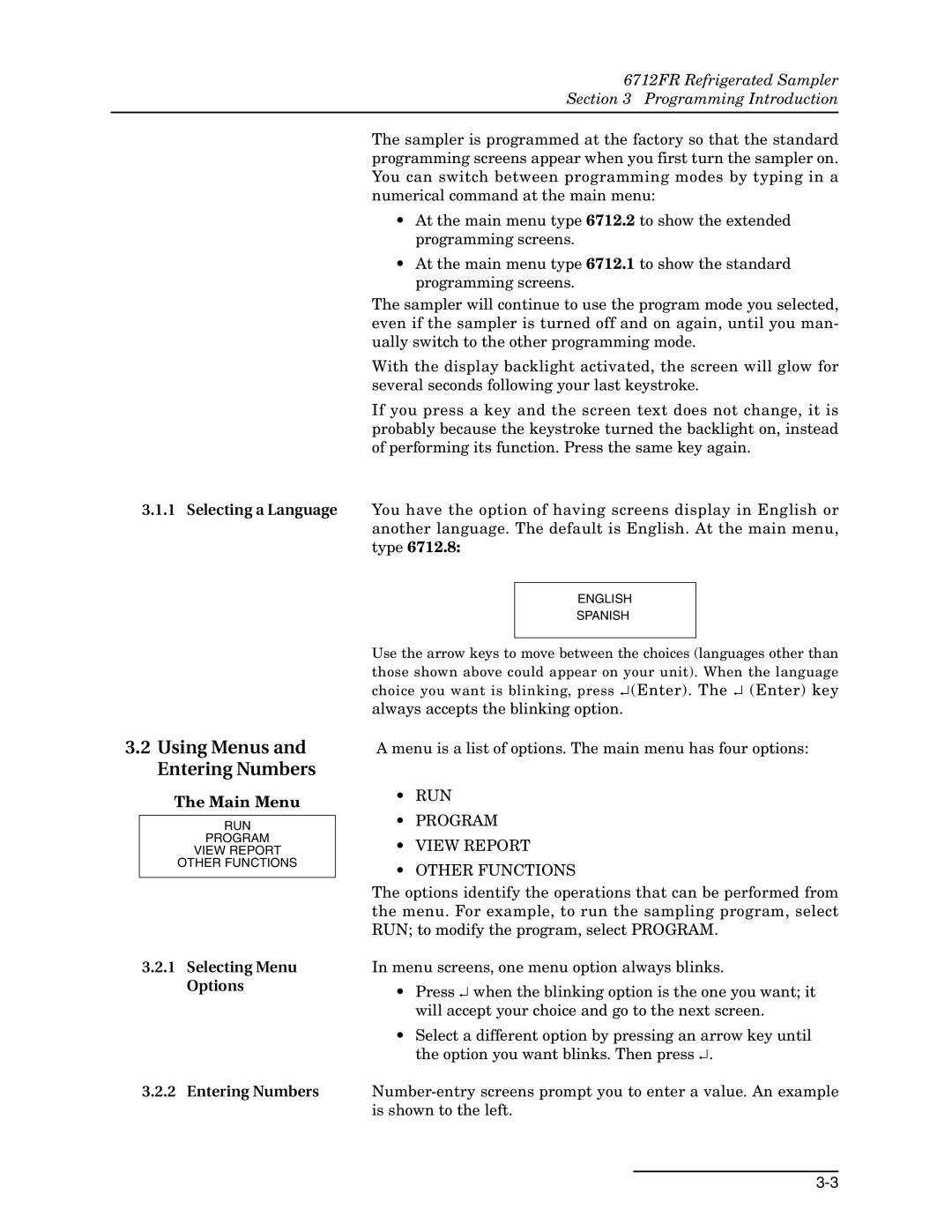 Teledyne 6712FR manual Using Menus and Entering Numbers, Main Menu, Selecting Menu Options Entering Numbers 