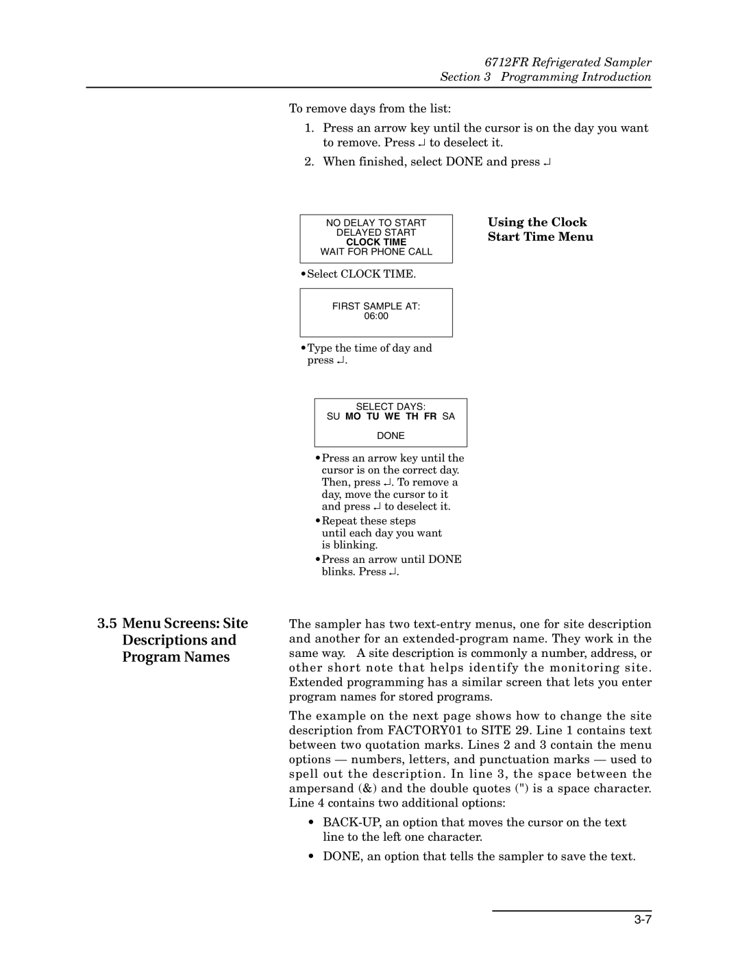 Teledyne 6712FR manual Menu Screens Site Descriptions and Program Names, Using the Clock Start Time Menu 