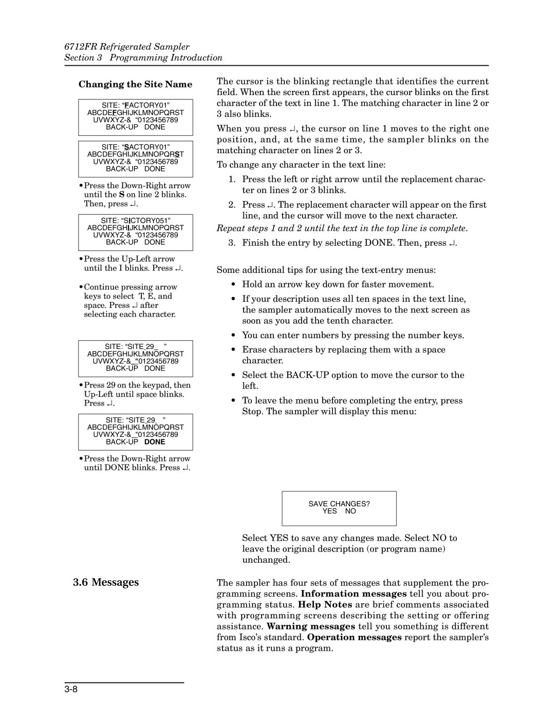 Teledyne 6712FR manual Messages, Changing the Site Name 