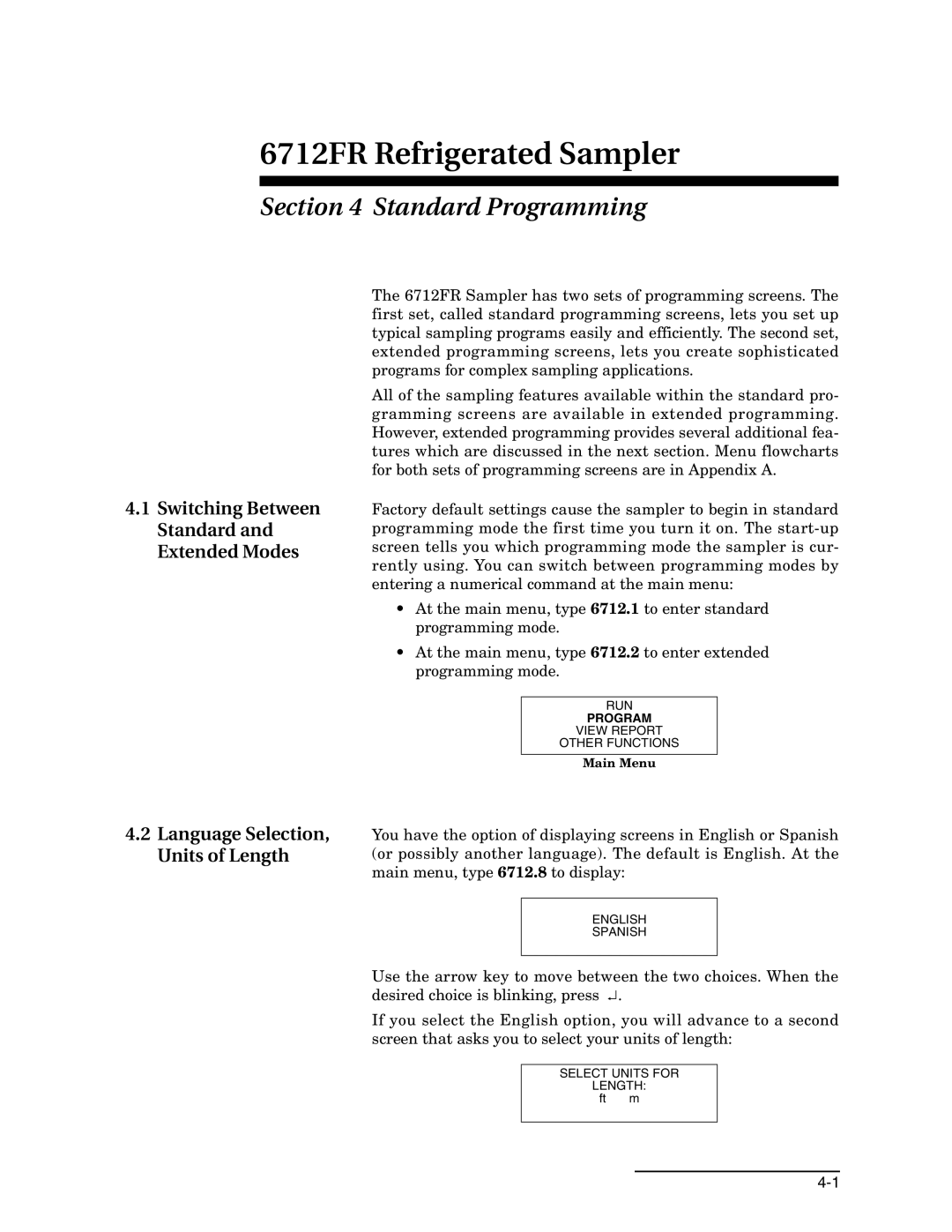 Teledyne 6712FR Standard Programming, Switching Between Standard and Extended Modes, Language Selection, Units of Length 