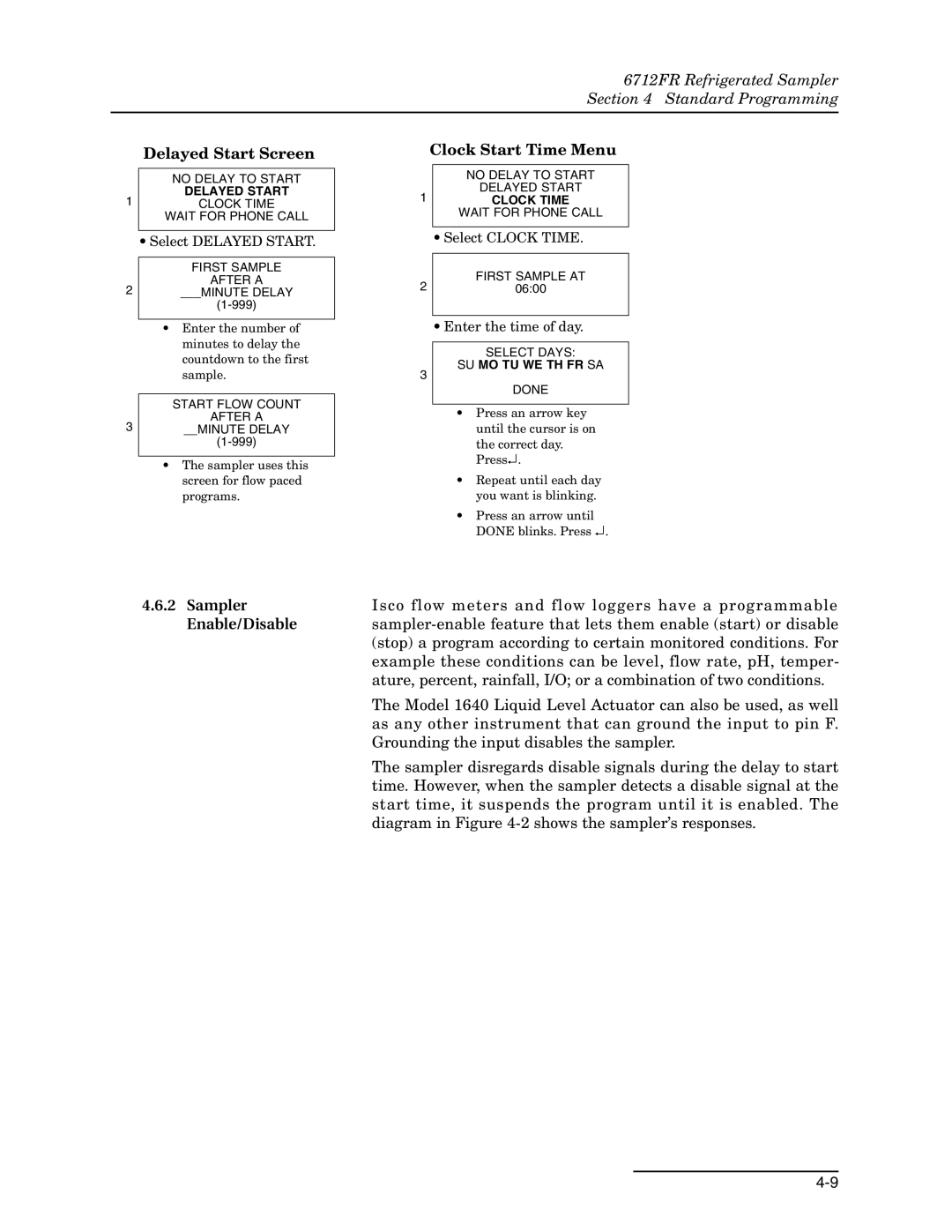 Teledyne 6712FR manual Delayed Start Screen, Clock Start Time Menu, Sampler, Enable/Disable 