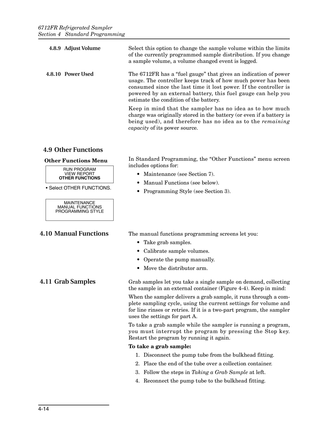 Teledyne 6712FR manual Manual Functions Grab Samples, Power Used, Other Functions Menu, To take a grab sample 