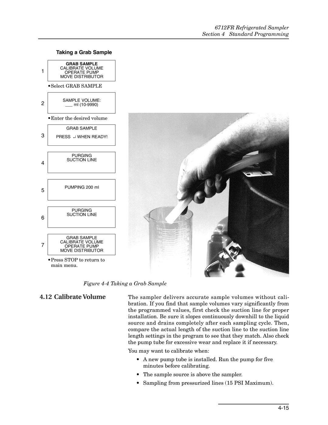 Teledyne 6712FR manual Calibrate Volume, Taking a Grab Sample 