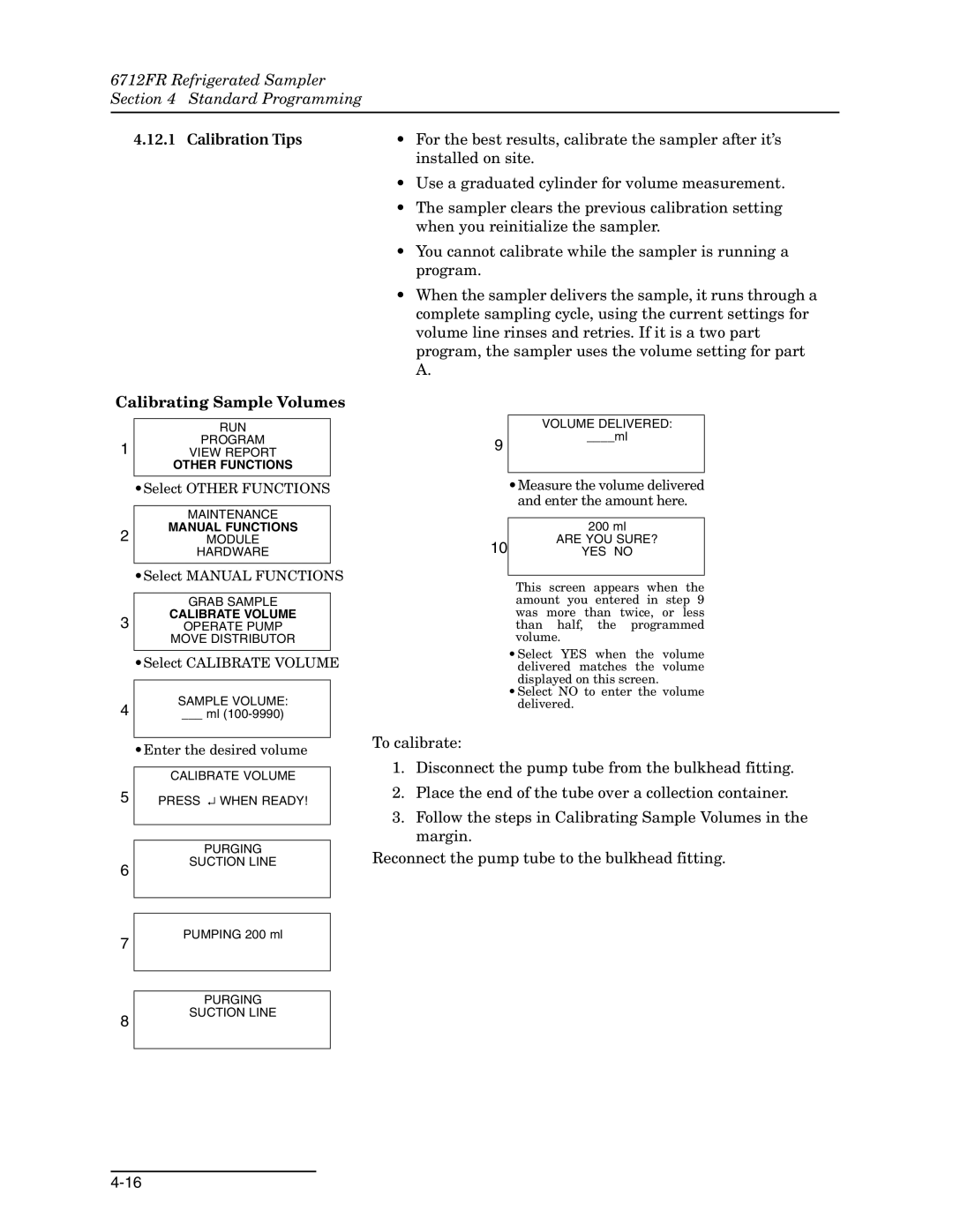 Teledyne 6712FR manual For the best results, calibrate the sampler after it’s, Calibrating Sample Volumes 