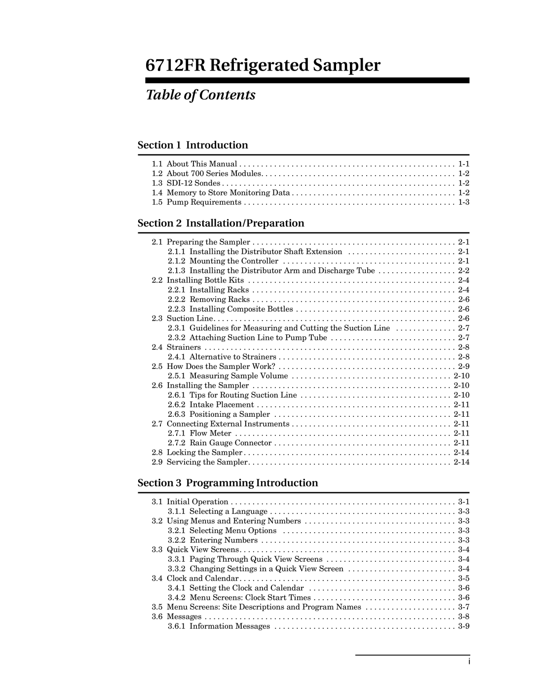 Teledyne manual 6712FR Refrigerated Sampler, Table of Contents 