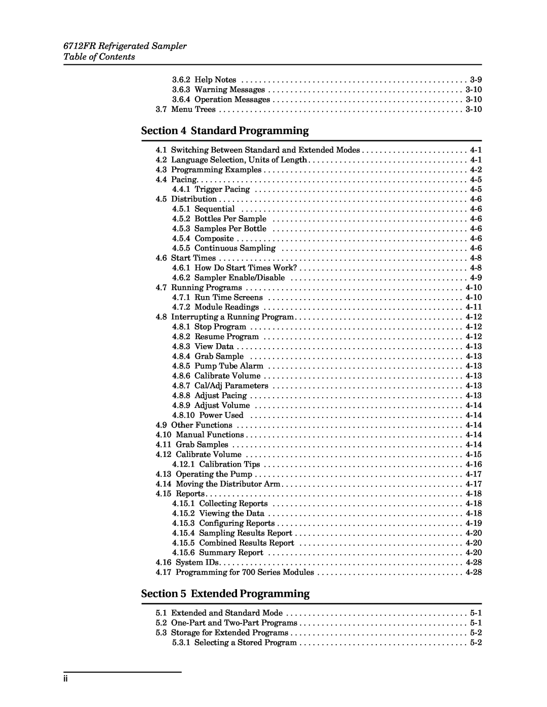 Teledyne manual Standard Programming, Extended Programming, 6712FR Refrigerated Sampler Table of Contents 