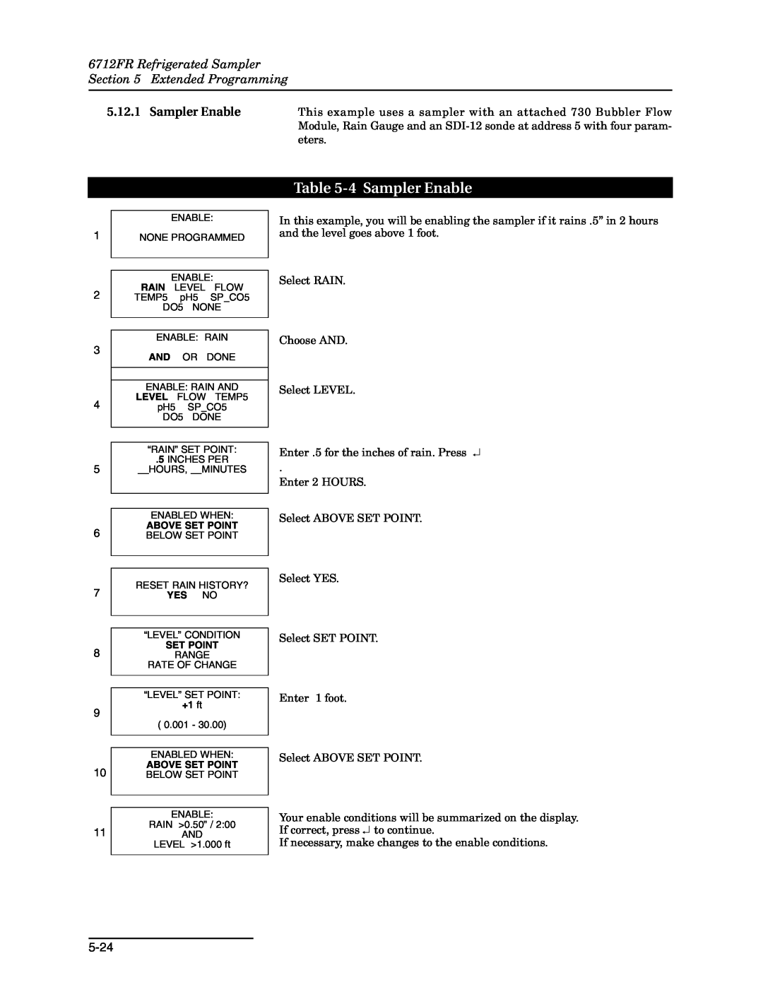 Teledyne manual 4 Sampler Enable, 6712FR Refrigerated Sampler, Section, Extended Programming, 5.12.1, 5-24 