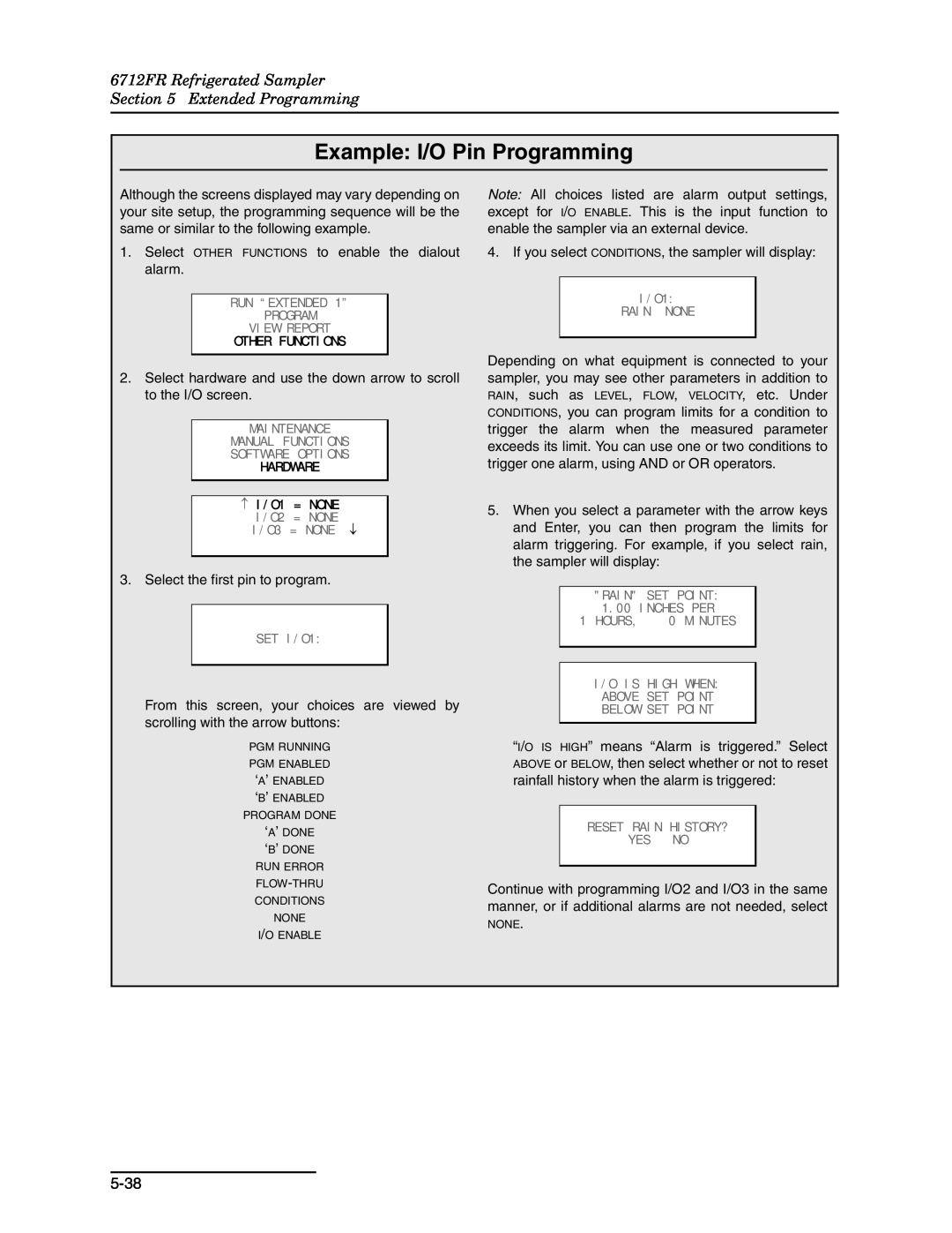 Teledyne manual Example I/O Pin Programming, 6712FR Refrigerated Sampler Extended Programming, 5-38 