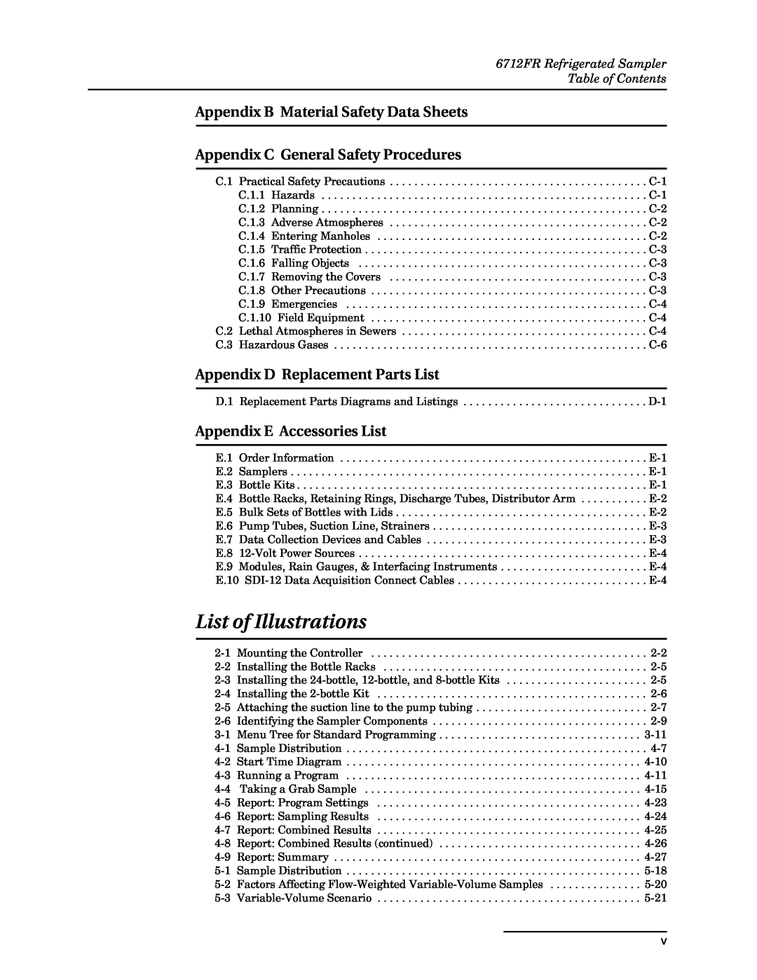 Teledyne 6712FR manual List of Illustrations, Appendix B Material Safety Data Sheets, Appendix C General Safety Procedures 