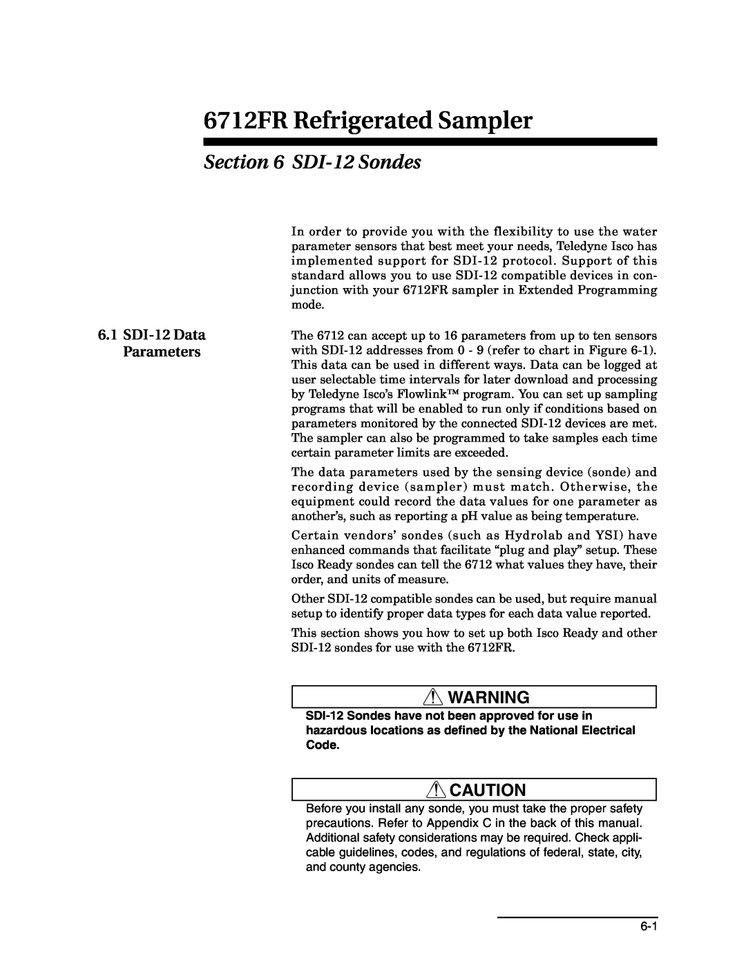 Teledyne manual SDI-12 Sondes, SDI-12 Data Parameters, 6712FR Refrigerated Sampler 