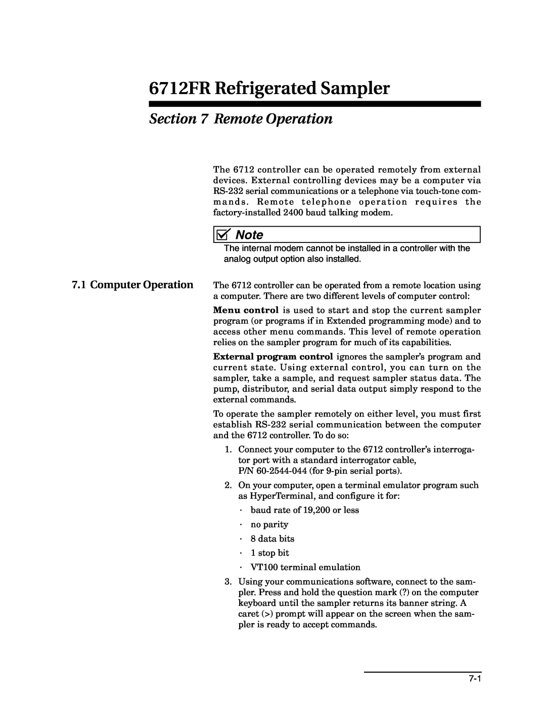Teledyne manual Remote Operation, 6712FR Refrigerated Sampler 