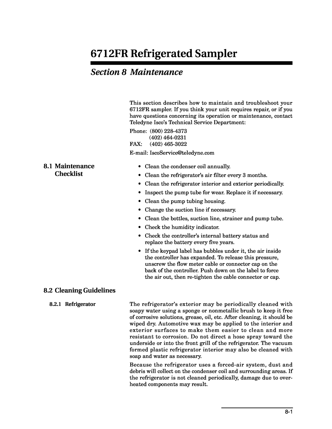Teledyne manual Maintenance Checklist, Cleaning Guidelines, 6712FR Refrigerated Sampler, Refrigerator 