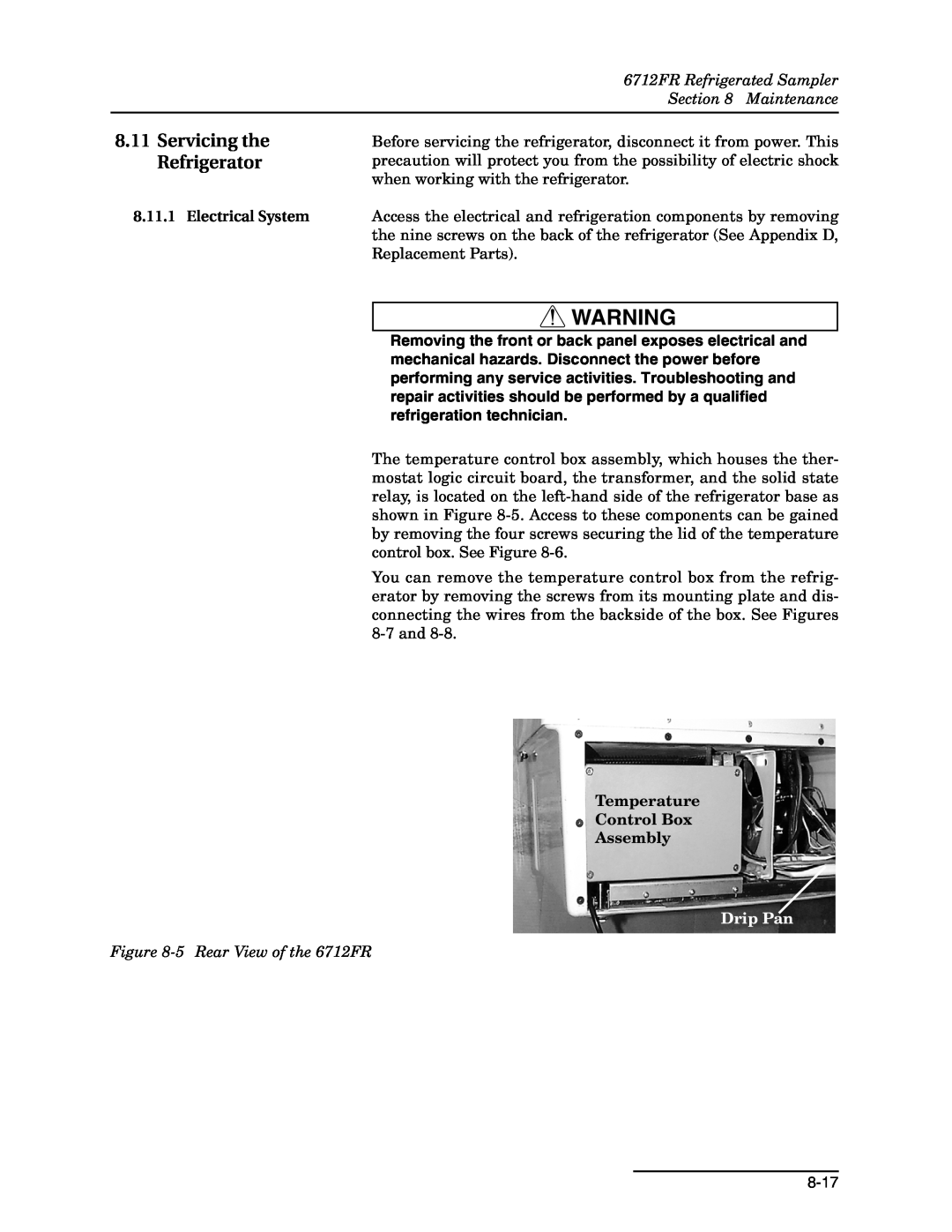 Teledyne manual Servicing the Refrigerator, 6712FR Refrigerated Sampler Maintenance, Electrical System, Drip Pan 