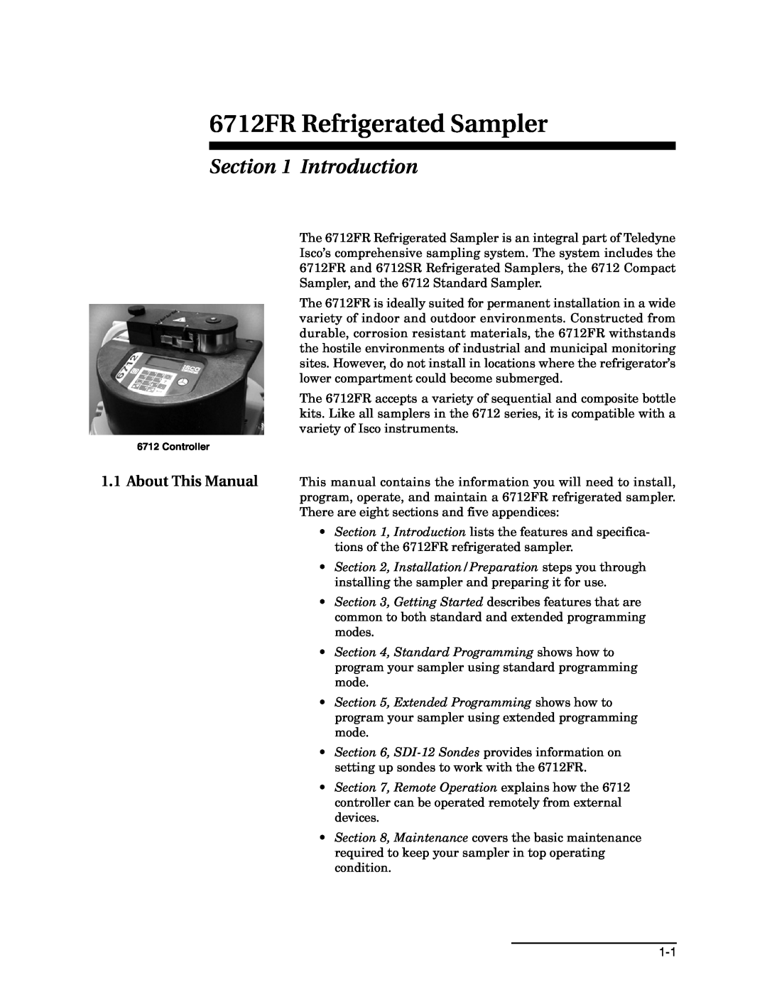 Teledyne manual Introduction, About This Manual, 6712FR Refrigerated Sampler 