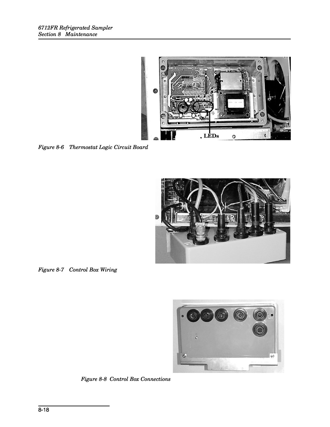 Teledyne manual 6712FR Refrigerated Sampler Maintenance, LEDs, 6 Thermostat Logic Circuit Board, 8-18 