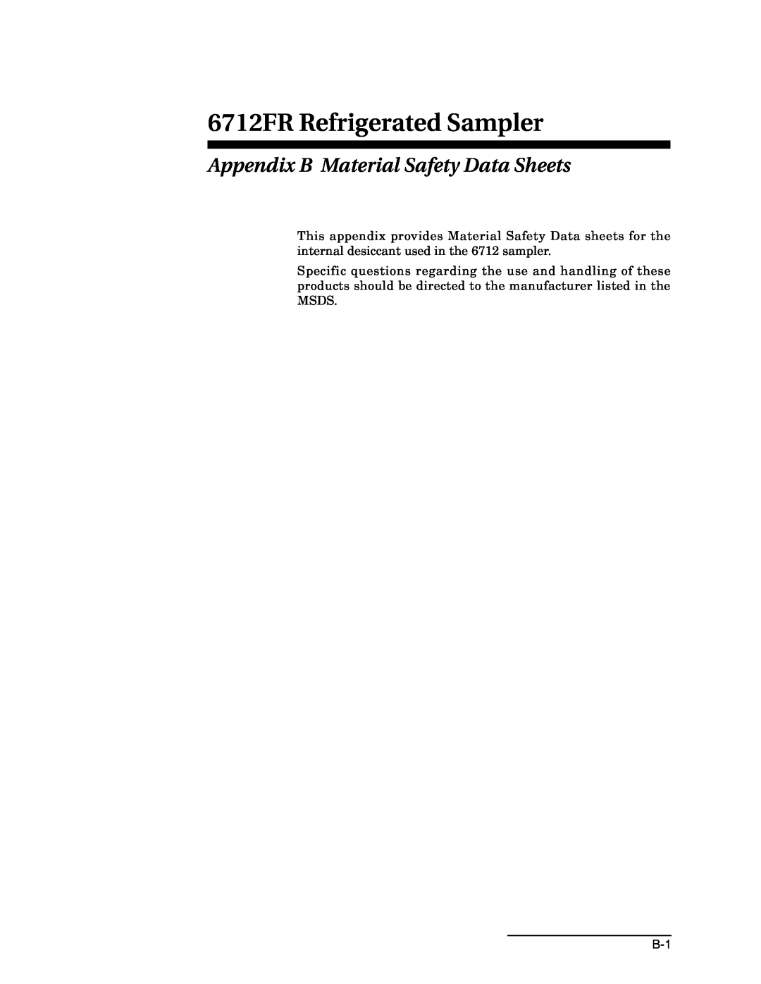 Teledyne manual Appendix B Material Safety Data Sheets, 6712FR Refrigerated Sampler 