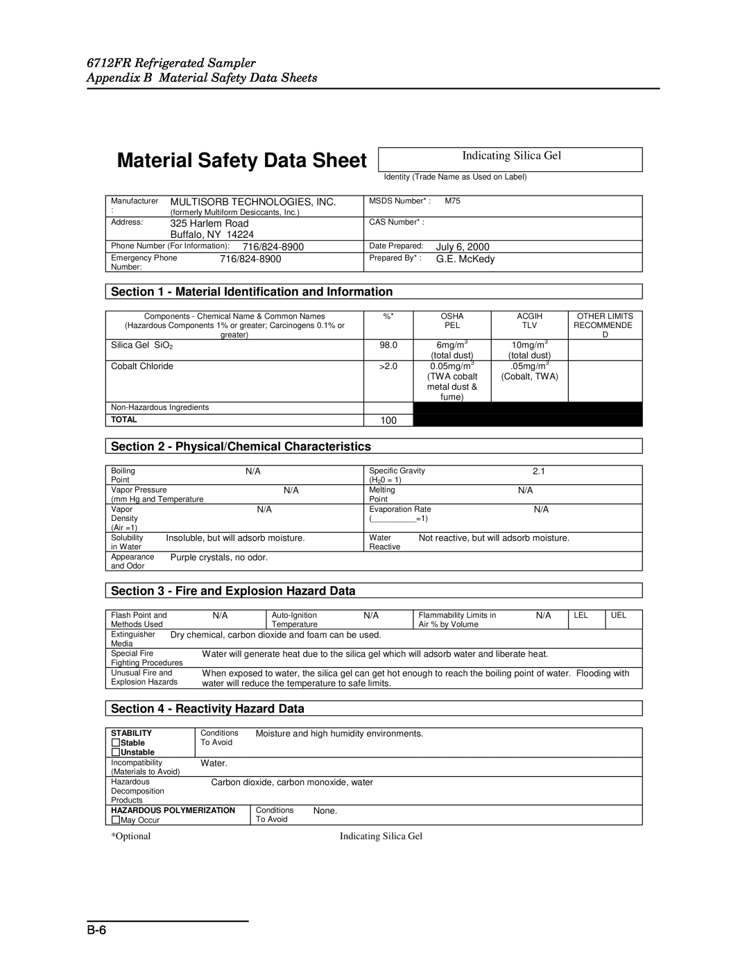 Teledyne 6712FR Refrigerated Sampler Appendix B Material Safety Data Sheets, Physical/Chemical Characteristics 