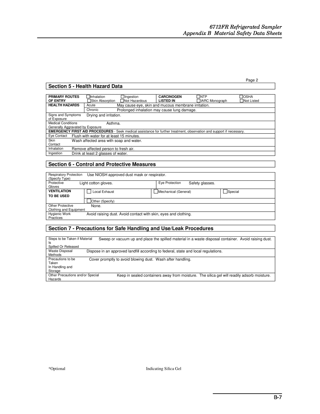 Teledyne manual 6712FR Refrigerated Sampler Appendix B Material Safety Data Sheets, Health Hazard Data 