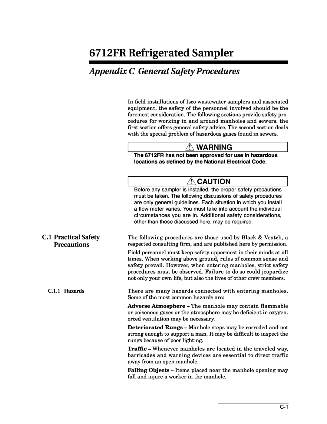 Teledyne manual Appendix C General Safety Procedures, C.1 Practical Safety Precautions, 6712FR Refrigerated Sampler 