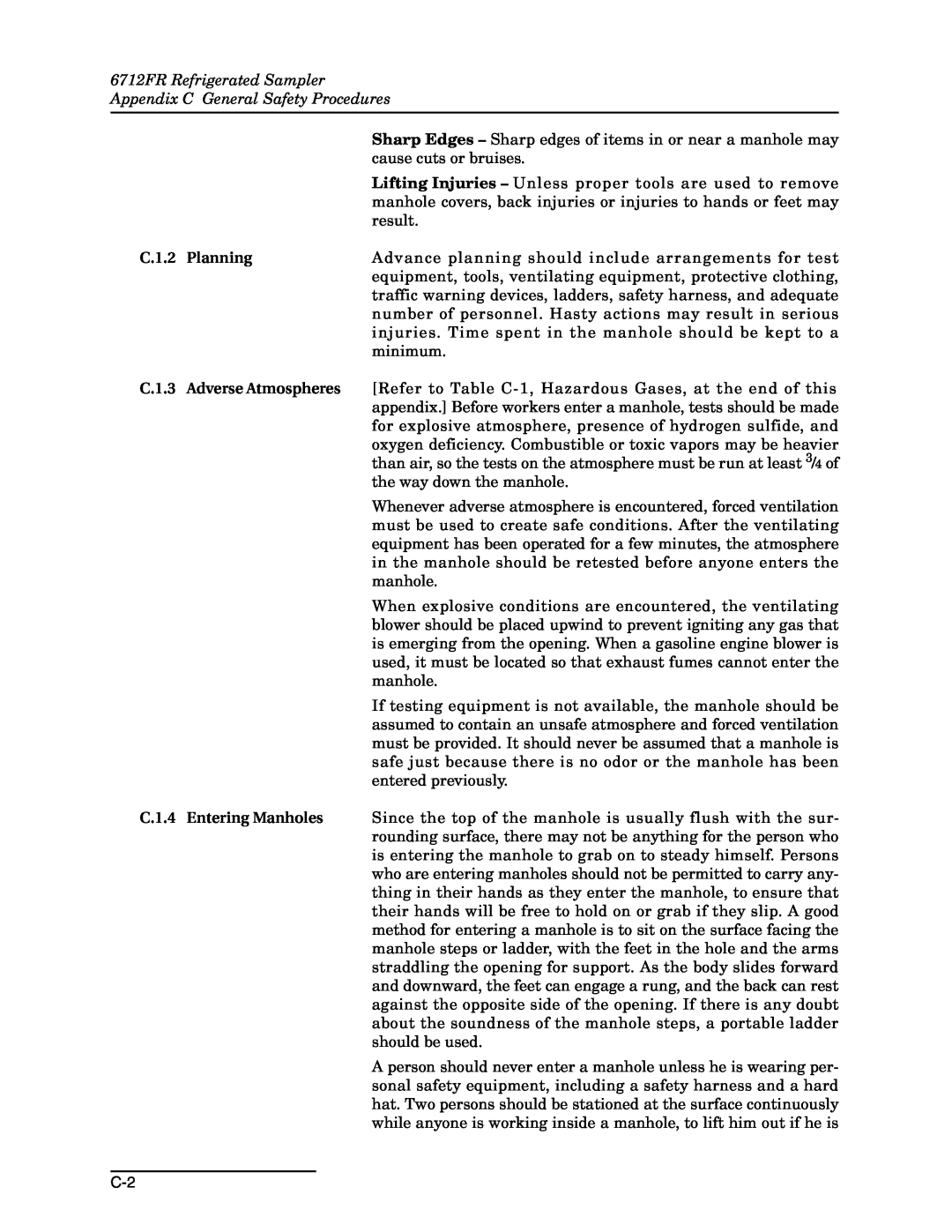 Teledyne 6712FR Refrigerated Sampler Appendix C General Safety Procedures, C.1.2, Planning, C.1.3, Adverse Atmospheres 