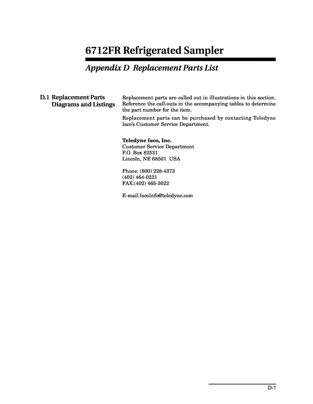 Teledyne 6712FR manual Appendix D Replacement Parts List, D.1 Replacement Parts Diagrams and Listings, Teledyne Isco, Inc 