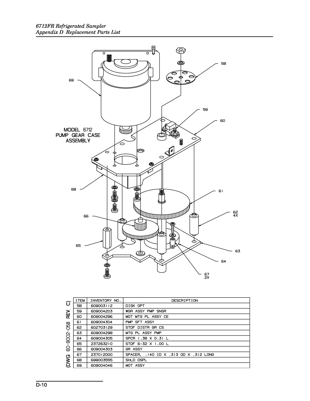 Teledyne manual 6712FR Refrigerated Sampler Appendix D Replacement Parts List, D-10 