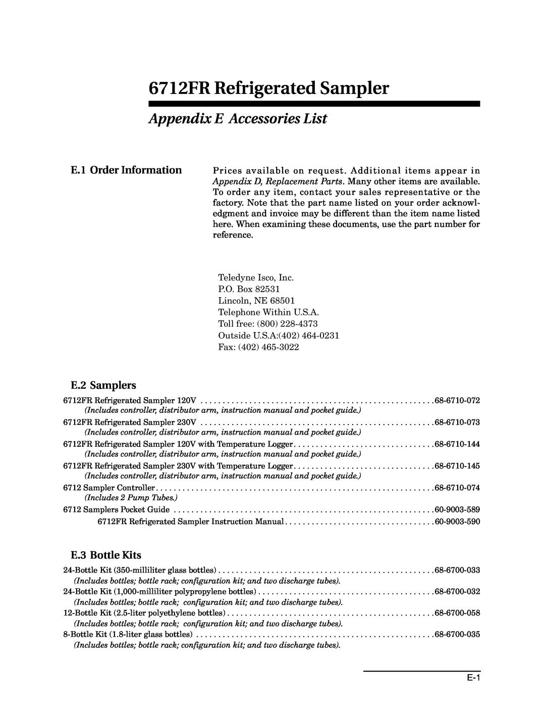 Teledyne 6712FR manual Appendix E Accessories List, E.1 Order Information E.2 Samplers, E.3 Bottle Kits 