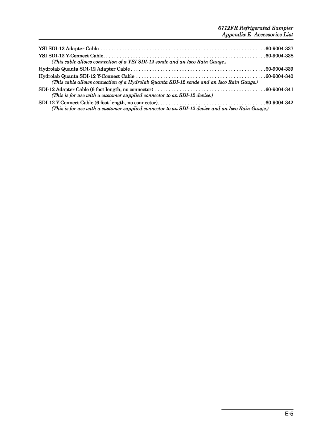 Teledyne manual 6712FR Refrigerated Sampler Appendix E Accessories List 