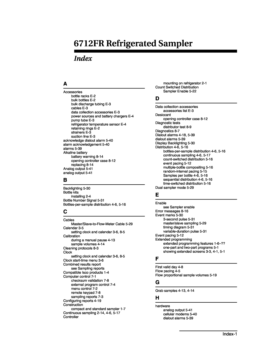 Teledyne manual 6712FR Refrigerated Sampler, Index-1 