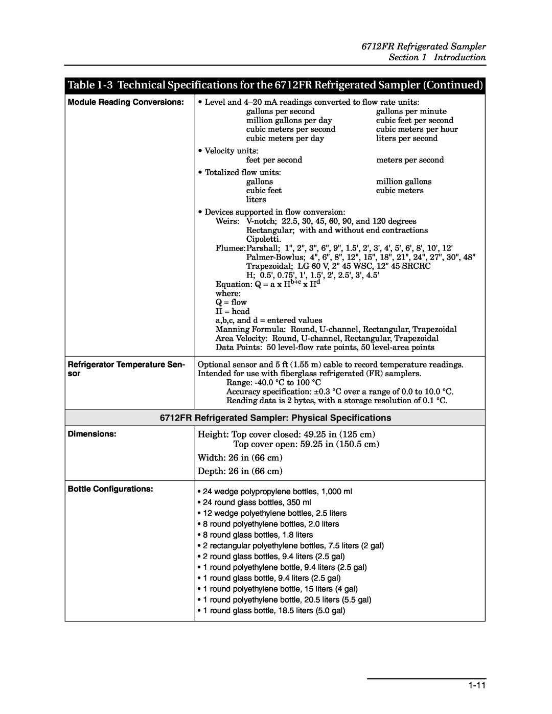 Teledyne manual 6712FR Refrigerated Sampler Introduction, 6712FR Refrigerated Sampler Physical Specifications, 1-11 