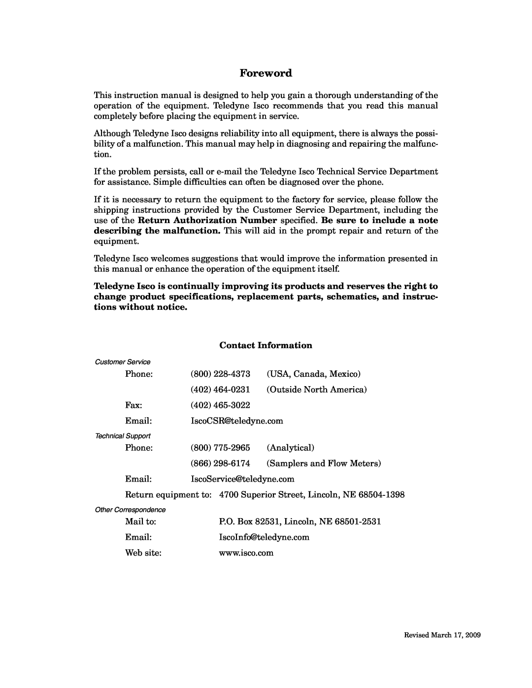 Teledyne 6712FR manual Foreword, Contact Information 