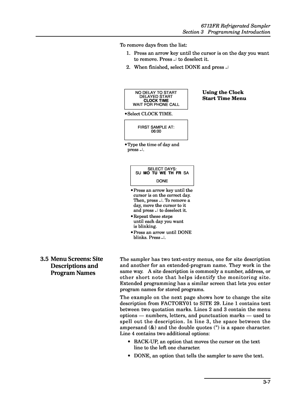 Teledyne manual Menu Screens Site Descriptions and Program Names, 6712FR Refrigerated Sampler Programming Introduction 