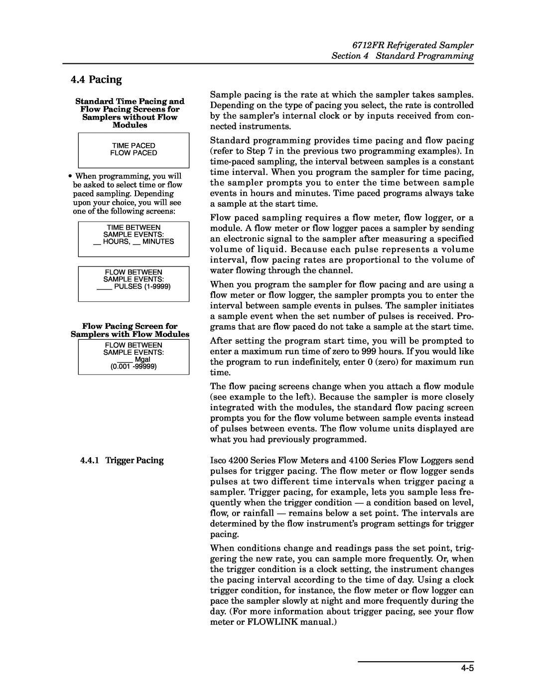 Teledyne manual 6712FR Refrigerated Sampler Standard Programming, Trigger Pacing 