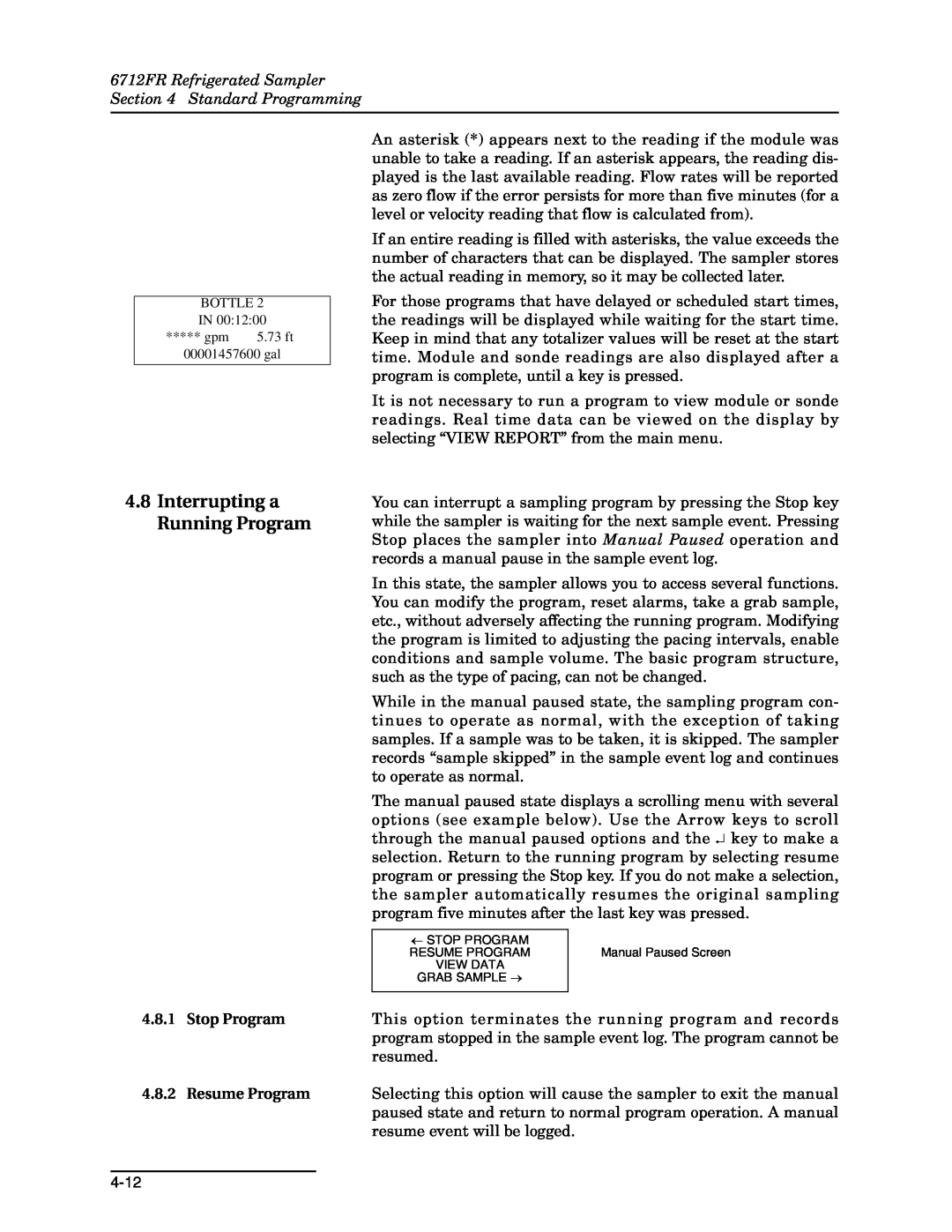 Teledyne manual Interrupting a Running Program, 6712FR Refrigerated Sampler Standard Programming 